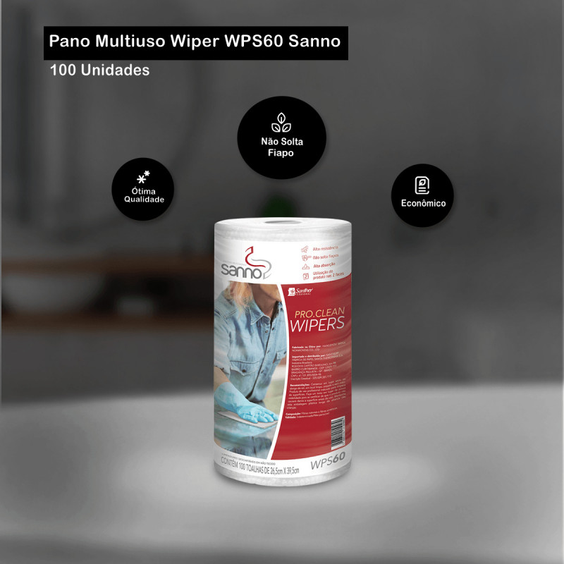 PANO WIPERS BRANCO 26,5CMx39,5CM 60GR PROCLEAN BOBINA SANTHER WPS60 CX C/ 8 UN