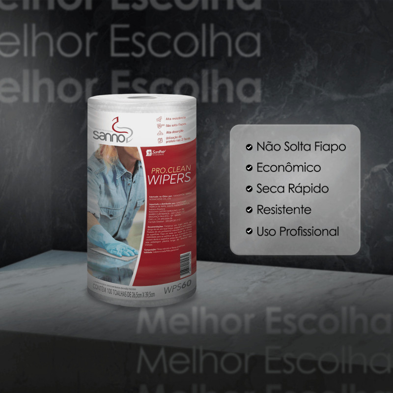 PANO WIPERS BRANCO 26,5CMx39,5CM 60GR PROCLEAN BOBINA SANTHER WPS60 CX C/ 8 UN
