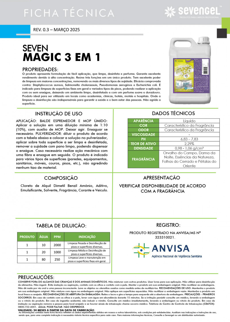 Limpador Magic 3x1 Concentrado Orvalho Do Campo 1l Sevengel