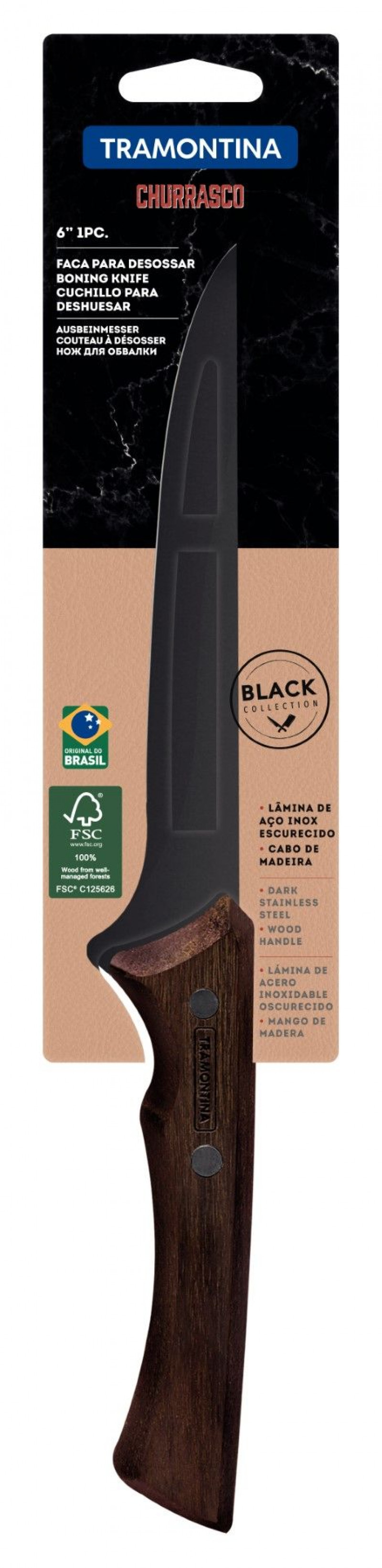 Faca Tramontina Carne Desossar Black Inox 6 Cabo Madeira