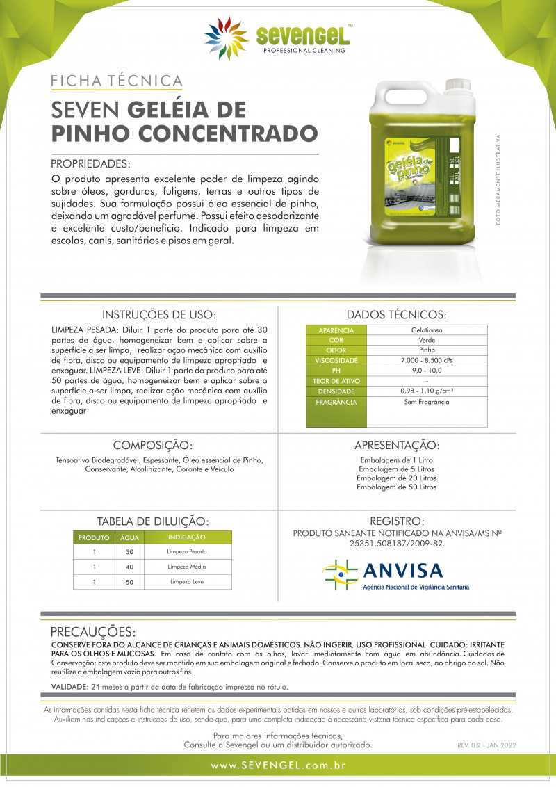 LIMPADOR USO GERAL GELÉIA DE PINHO 1 LT CONCENTRADO SEVENGEL CX C/ 12 UN (5491)