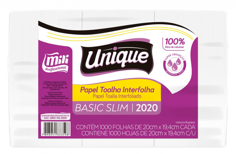 PAPEL TOALHA INTERFOLHADO FOLHA SIMPLES 2D 20x19,4 MILI UNIQUE FD C/ 1000 FOLHAS (2020)