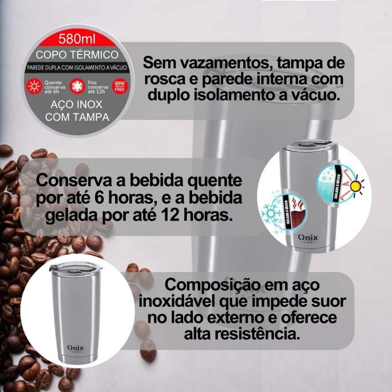 Copo Térmico Inox Tampa Vedação 580 Ml Linha Premium Ônix