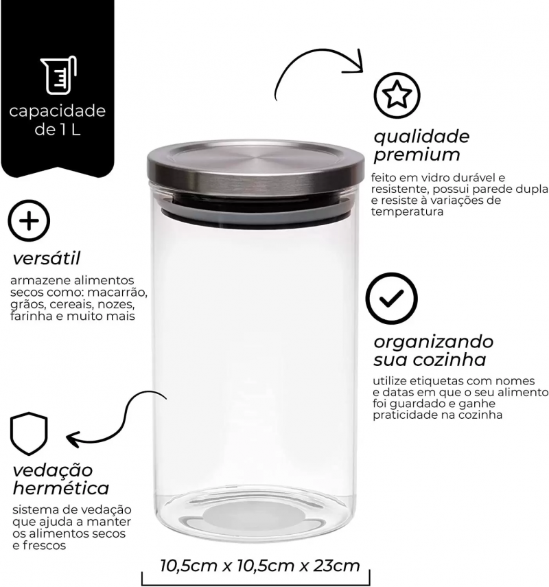 POTE HERMETICO BORO T.INOX 1 LT MIMO - 6670 UN COM 1 UN