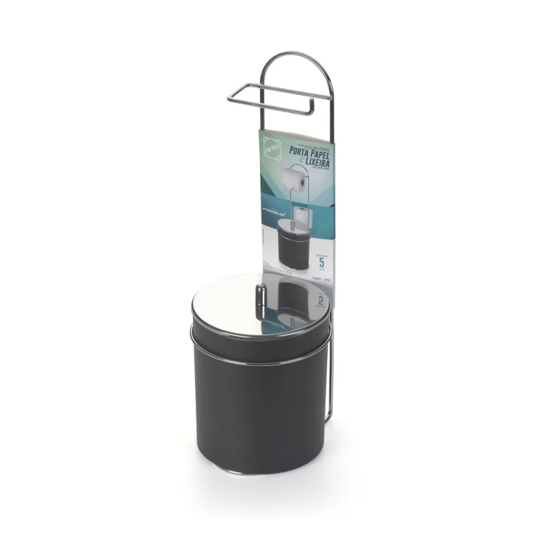 Lixeira Banheiro C/ Suporte Papel Higiênico Preto Arthi 8480