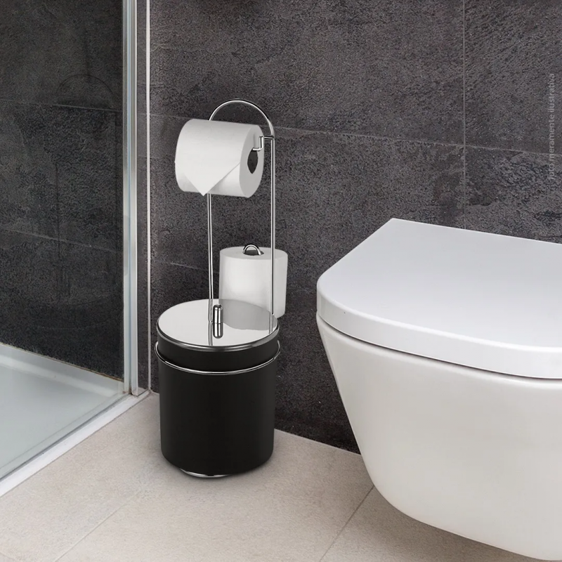 Lixeira Banheiro C/ Suporte Papel Higiênico Preto Arthi 8480