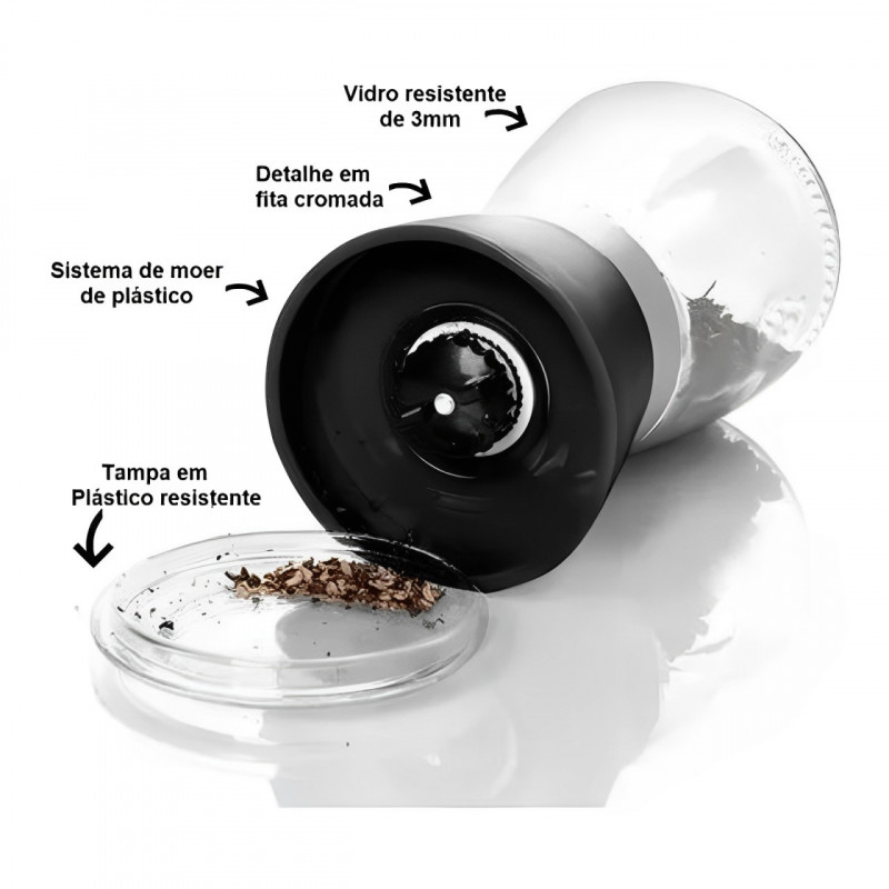 MOEDOR SAL/PIMENTA VIDRO 13 CM PR - 6259 UN COM 1 UN