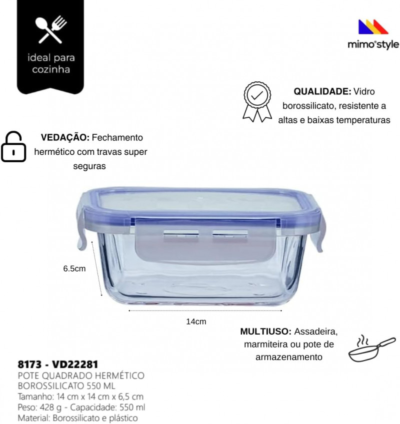 POTE QUADRADO BORO 550 ML VD22281 MIMO - 8173 UN COM 1 UN