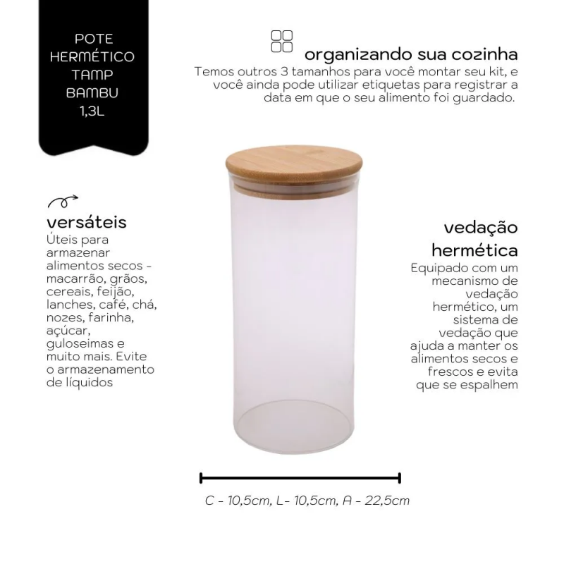 POTE HERMETICO BOR C/TAMPA BAMBU 1,3 LT - 8082 UN COM 1 UN