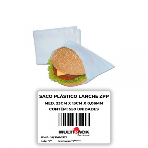 SACO PLÁSTICO PARA LANCHE AD 23X13X0,06 Mi 1 KG C/ 550 UN ZPP