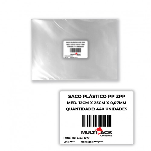 SACO PLÁSTICO PP 12X25X0,07 Mi 1 KG C/ 440 UN ZPP