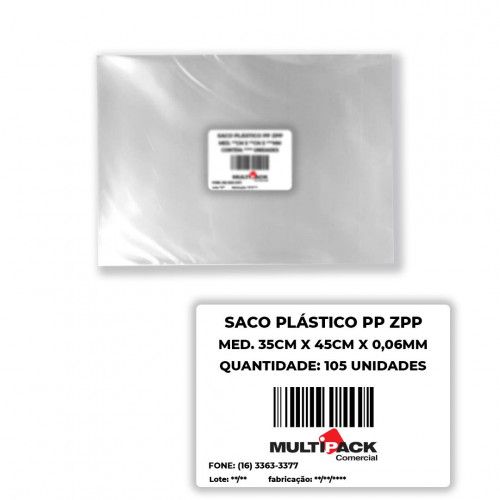 SACO PLÁSTICO PP 35X45X0,06 Mi 1 KG C/ 105 UN ZPP