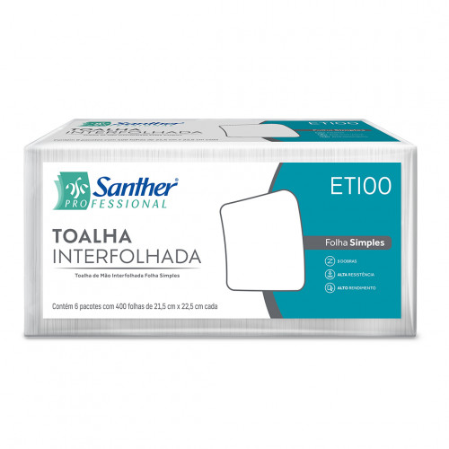 TOALHA DE PAPEL INTERFOLHADO FOLHA SIMPLES 3 DOBRAS SANTHER FD C/ 2400 FOLHAS (ETI00)
