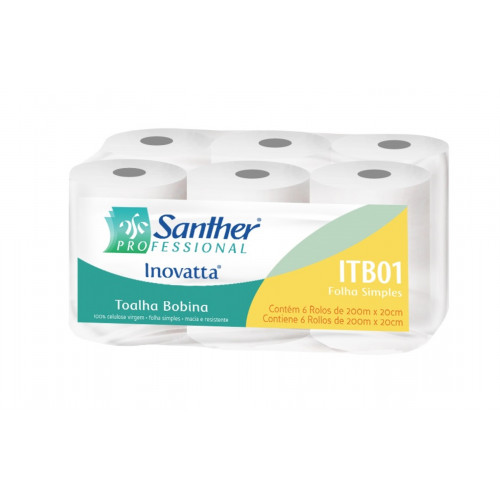 TOALHA DE PAPEL BOBINA 6x20x200 MT 35GR SANTHER FD C/ 6 UN (ITB01)