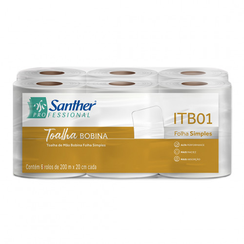 TOALHA DE PAPEL BOBINA 6x20x200 MT 35GR SANTHER FD C/ 6 UN (ITB01)
