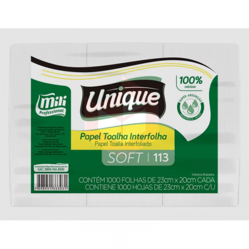 PAPEL TOALHA FOLHA SIMPLES 2 DOBRAS 23X20 CM SOFT 100% CELULOSE MILI C/ 1000 FOLHAS (113)