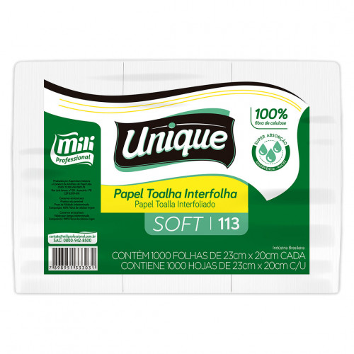 PAPEL TOALHA FOLHA SIMPLES 2 DOBRAS 23X20 CM SOFT 100% CELULOSE MILI C/ 1000 FOLHAS (113)