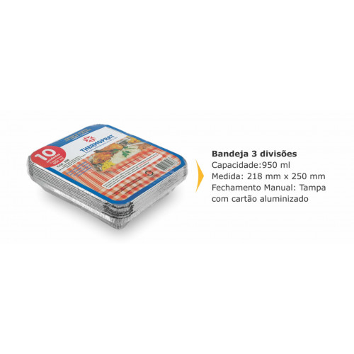 BANDEJA ALUMÍNIO 3 DIVISÓRIAS THERMOPRAT - CAIXA C/ 16 PACOTES C/ 10 UNIDADES