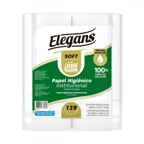 PAPEL HIGIÊNICO ROLÃO FOLHA SIMPLES 8X300 MTS SOFT 100% CELULOSE C/ 8 ROLOS (139)