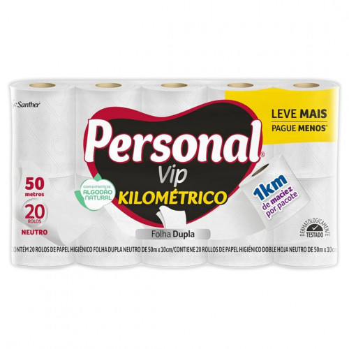 PAPEL HIGIÊNICO PERSONAL VIP FOLHA DUPLA 50 MT SANTHER PCT C/ 20 UN (PCK20)