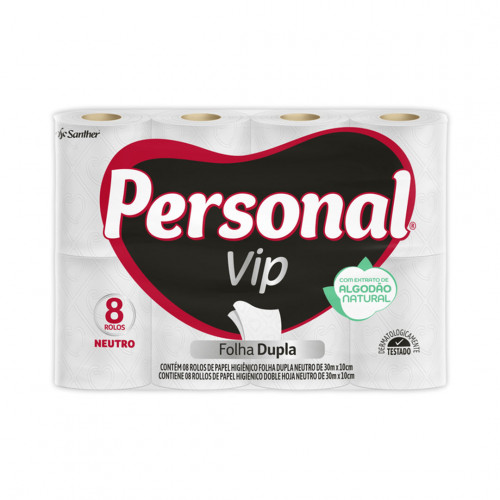 PAPEL HIGIÊNICO PERSONAL VIP FOLHA DUPLA 30 MTS SANTHER PCT C/ 8 UN (PVC84)