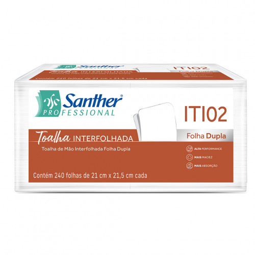 TOALHA DE PAPEL FOLHA DUPLA 2 DOBRAS INTERFOLHADA SANTHER  ITI02 PT C/ 240 FOLHAS