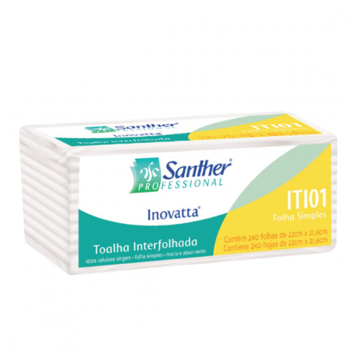 TOALHA DE PAPEL FOLHA SIMPLES 2 DOBRAS INTERFOLHADO SANTHER ITI01 PT C/ 240 FOLHAS