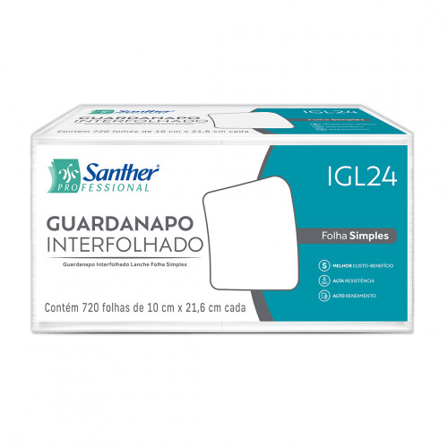 GUARDANAPO FOLHA SIMPLES INTERFOLHADO P/ LANCHE 11CMX21,6CM SANTHER IGL24 PT C/ 720 FOLHAS