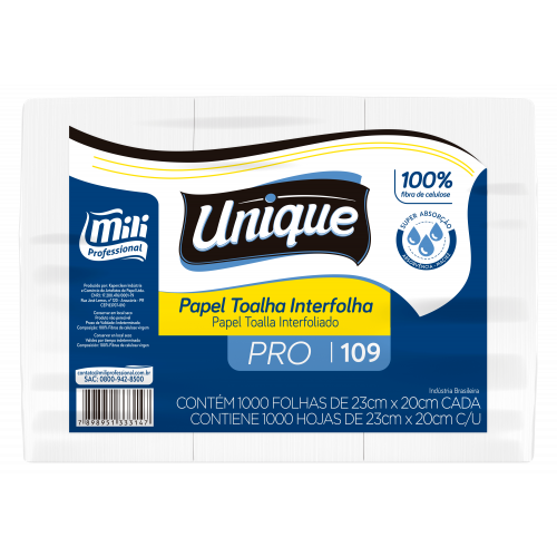TOALHA DE PAPEL FOLHA SIMPLES 2 DOBRAS PRO 100% CELULOSE 23x20 CM MILI C/ 1000 UN (109)
