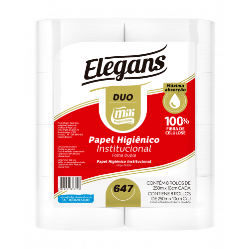 PAPEL HIGIÊNICO FOLHA DUPLA SOFT DUO 100% CELULOSE 8X250 MT MILI C/ 8 ROLOS (647)