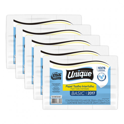 TOALHA DE PAPEL FOLHA SIMPLES 2 DOBRAS BASIC UNIQUE 100% CELULOSE 23x20 FLS MILI C/ 5000 UN (2017)