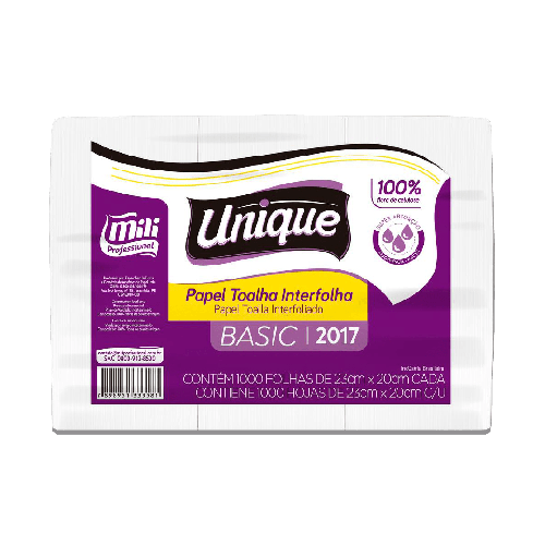 TOALHA DE PAPEL FOLHA SIMPLES 2 DOBRAS BASIC UNIQUE 100% CELULOSE 23x20 FLS MILI C/ 5000 UN (2017)