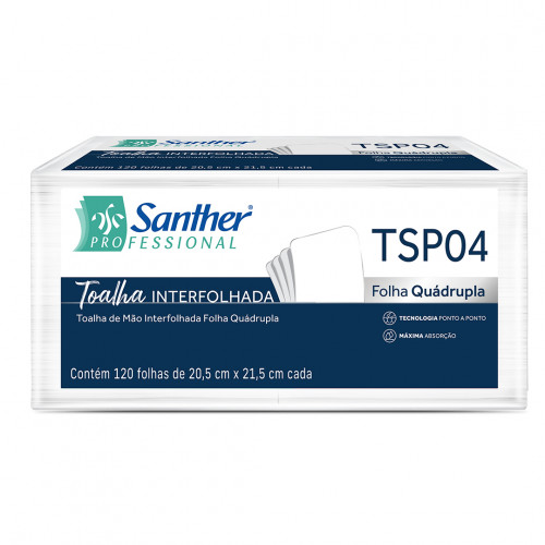 TOALHA DE PAPEL FOLHA QUADRUPLA 2 DOBRAS INTERFOLHA SANTHER TSP04 PCT C/ 120 UN