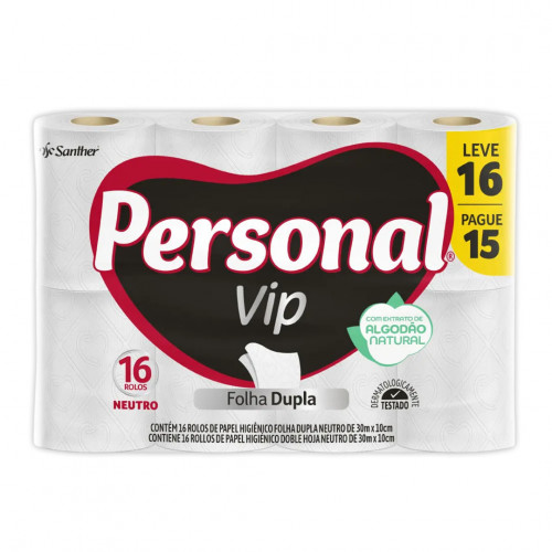 PAPEL HIGIÊNICO PERSONAL VIP FOLHA DUPLA 30 MTS LEVE 16 PAGUE 15 SANTHER PVC15 PT C/ 16 UN