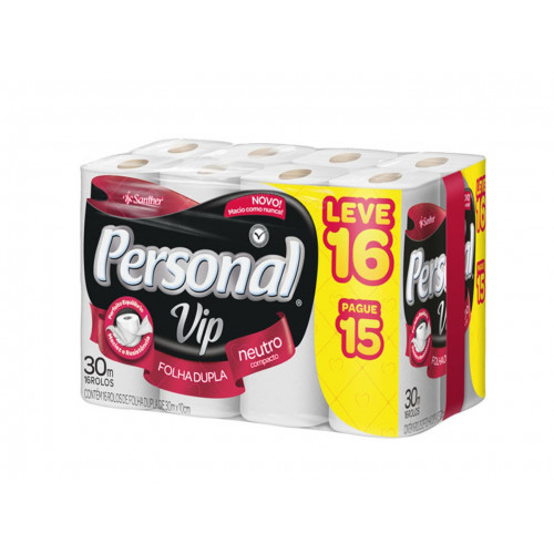 PAPEL HIGIÊNICO PERSONAL VIP FOLHA DUPLA 30 MTS LEVE 16 PAGUE 15 SANTHER PVC15 FD C/ 64 UN