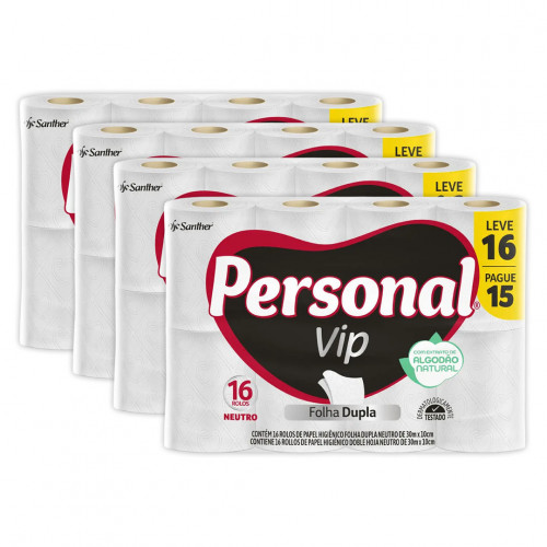 PAPEL HIGIÊNICO PERSONAL VIP FOLHA DUPLA 30 MTS LEVE 16 PAGUE 15 SANTHER PVC15 FD C/ 64 UN
