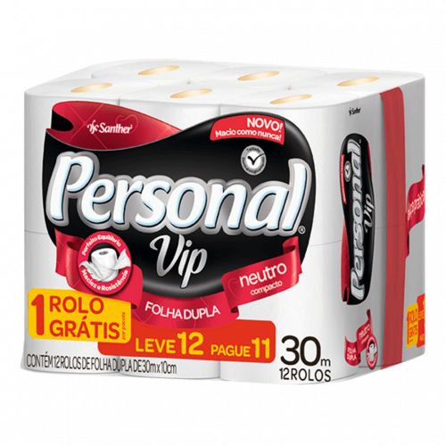 PAPEL HIGIÊNICO PERSONAL VIP FOLHA DUPLA 30 MTS LEVE 12 PAGUE 11 SANTHER PVC11 FD C/ 72 UN