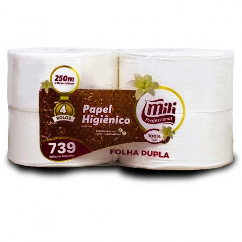 PAPEL HIGIÊNICO FOLHA DUPLA 4x10x250 MT SOFT DUO 100% CELULOSE MILI C/ 4 UN (739)