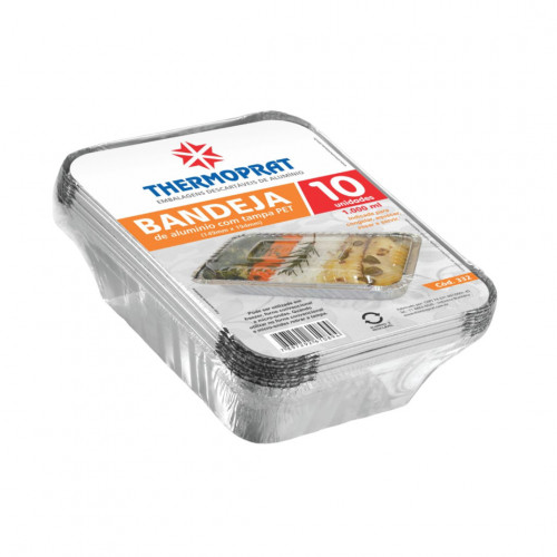 BANDEJA ALUMÍNIO C/ TAMPA PET 1000 GR THERMOPRAT - PACOTE C/ 10 UNIDADES